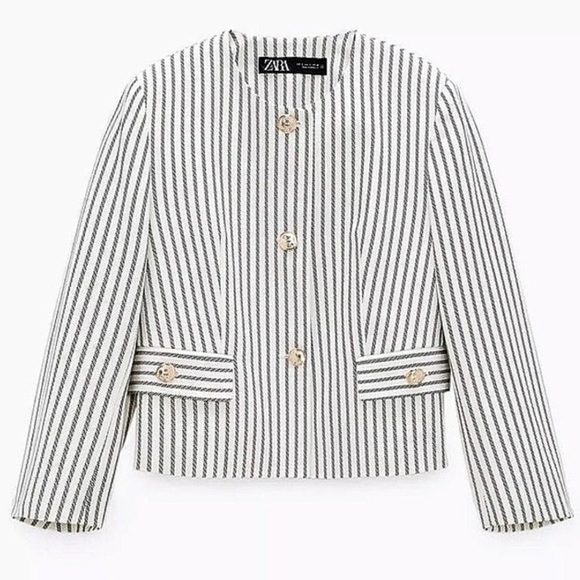 Zara Blazer White Navy Striped Cropped Blazer Gold Buttons Nautical NWT XS - Picture 1 of 9